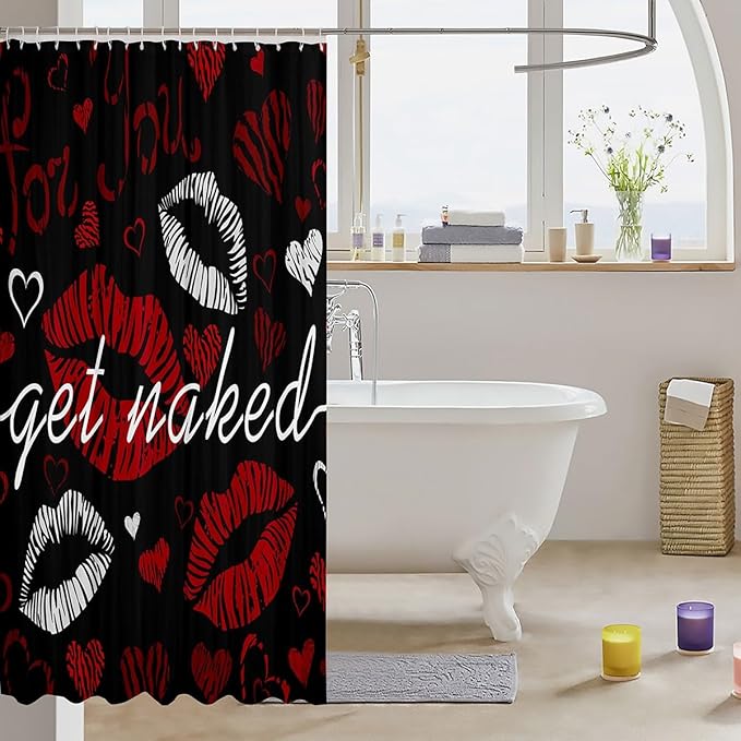 Sexy Lips Bath Curtain Funny Get Naked Shower Curtain for Couple Lover Kiss Shower Curtain Set with Hooks White Red Woman Mouth Pattern Waterproof Cloth Fabric Bathroom Decor Room Decor 72x84 Inch