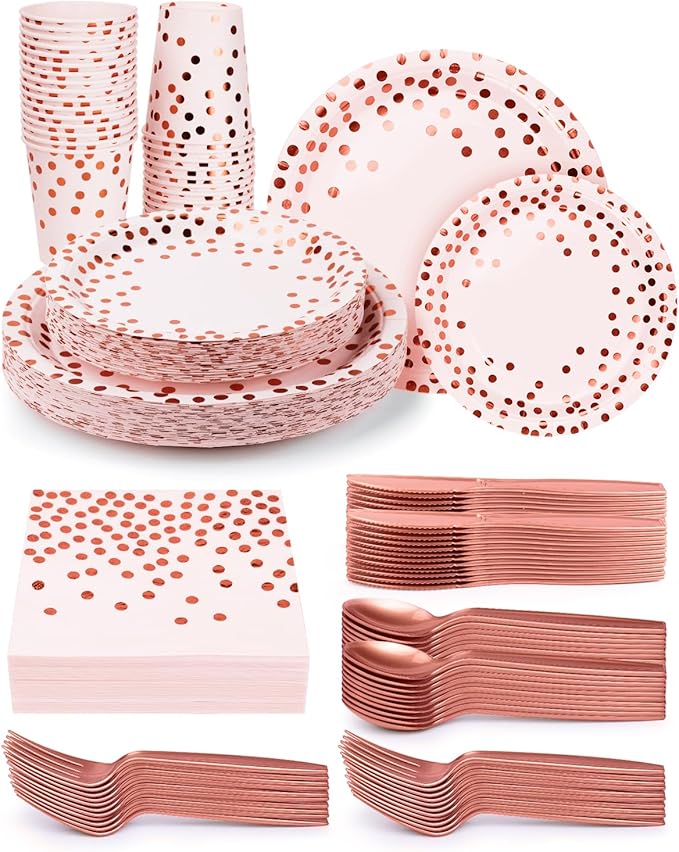 224 Pieces Party Supplies, Pink and Rose Gold Dots Party Plates Cups and Napkins Sets with Plastic Knives forks spoons, Disposable Tableware Serves 32 Sets for Wedding, Birthday, Graduation, Festivals