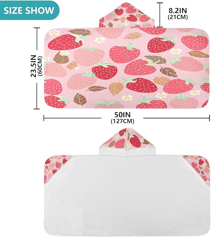 CEBUGI Strawberries Hooded Bath Towel for Kids Absorbent Soft Bath Towel Wrap with Hood 50x23.5in Pool Beach Shower Towel for Boys Girls