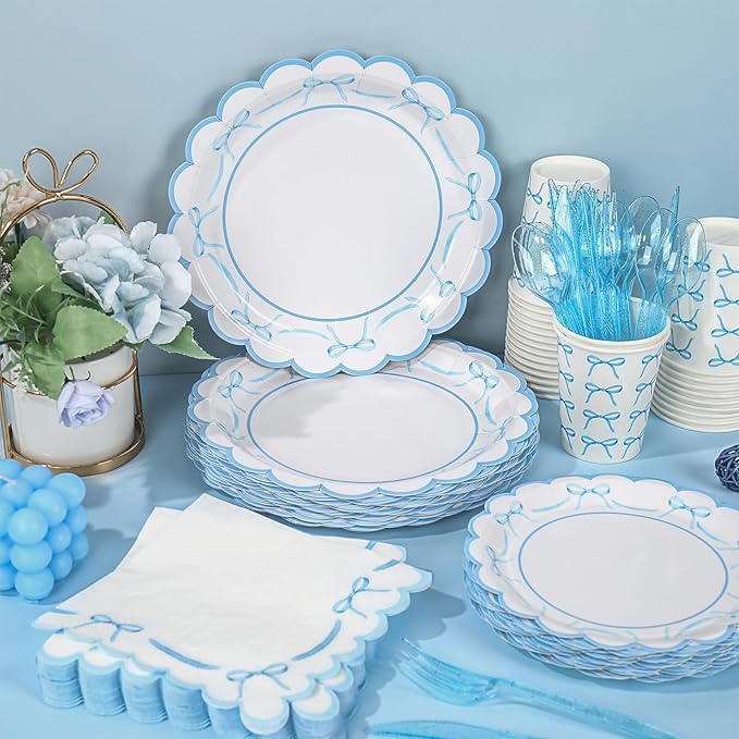 JarThenaAMCS 175Pcs Blue Bow Party Supplies Kit Scalloped Bowknot Tableware Set Disposable Dinnerware Paper Napkin Plate Cup Spoon Fork Knife for 25 Guests Party Favor