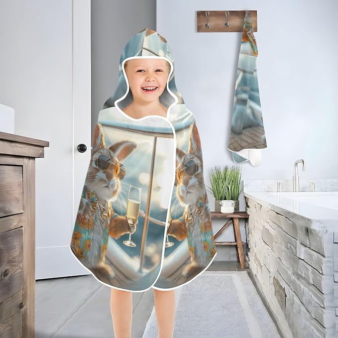 Hooded Towel for Kids Rabbit with Sunglasses Drinking Beach Wrap Bath Towels 50x23.5in