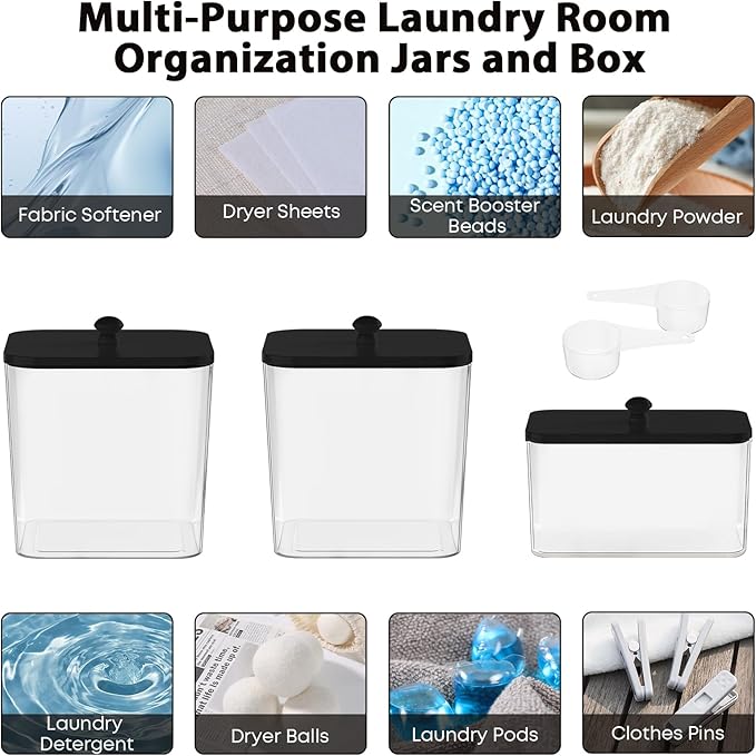 COAZEX 3 Pack Plastic Laundry Pods Container & Dryer Sheet Holder, Laundry Room Organization and Storage Jars with Lids, Scoops & Labels for Detergent, Powder, Scent Booster(Black Lid)