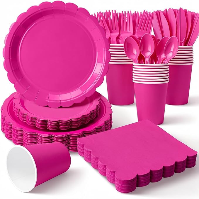 Vyntra 175 Pcs Hot Pink Disposable Paper Plates and Napkins Set for 25, 9" Dinner Plates & 7" Dessert Plates, Tableware for Birthday, Bachelorette, Party