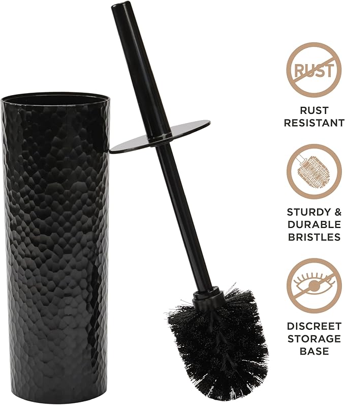 Bath Bliss Toilet Brush | Hammered Textured Design | 360 Degree Bristle Brush | Bathroom Cleaning | Contemporary Design | Black