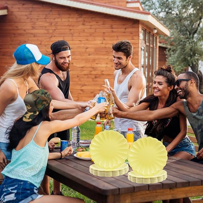 50Pcs Large Scalloped Yellow Paper Plates 7Inch Shell Edge Dessert Plates for Cake Salad Fruit Disposable Dessert Serving Plates for Birthday Wedding Baby Shower Party Decorations