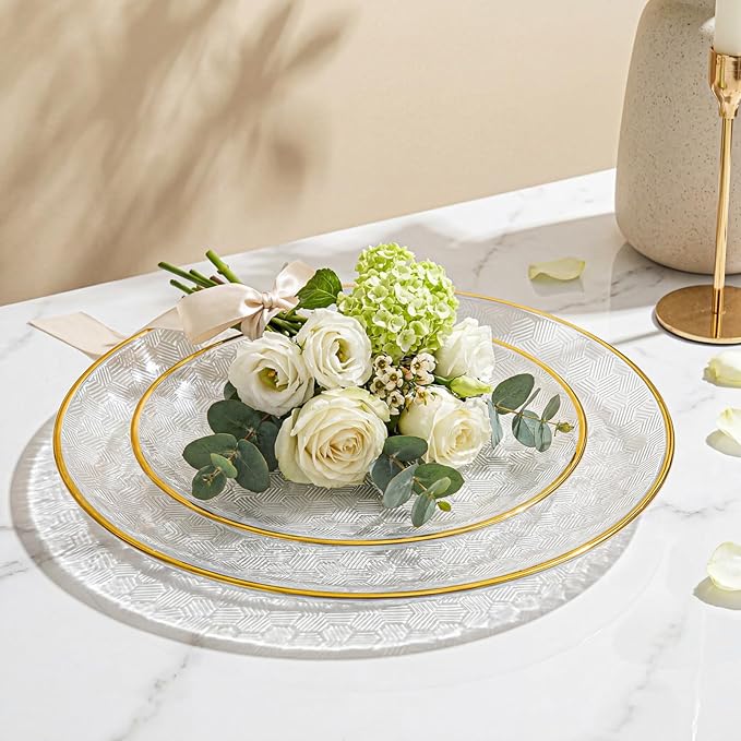 Festiva 60PCS Clear Gold Plastic Plates - Heavy Duty Fancy Disposable Plates With Gold Rim-serve for 30 guests Include 30PCS 10.25" & 30PCS 7.5" Honeycomb Design Plates for Party(Clear)