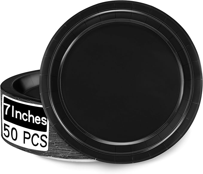 QZYL 50 Count Black 7 Inch Round Paper Plates, Heavy Duty Disposable Dinnerware for Parties, Weddings, BBQs, Birthdays, Picnics