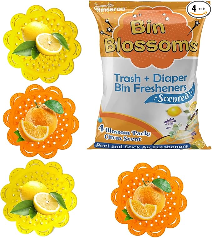 Bin Blossoms: New & Improved Peel & Stick Air Freshener (4-Pack) – Citrus Fresh Trash Can Deodorizer, Diaper Pail Odor Neutralizer, Garbage Bin Odor Control for Lid or Base