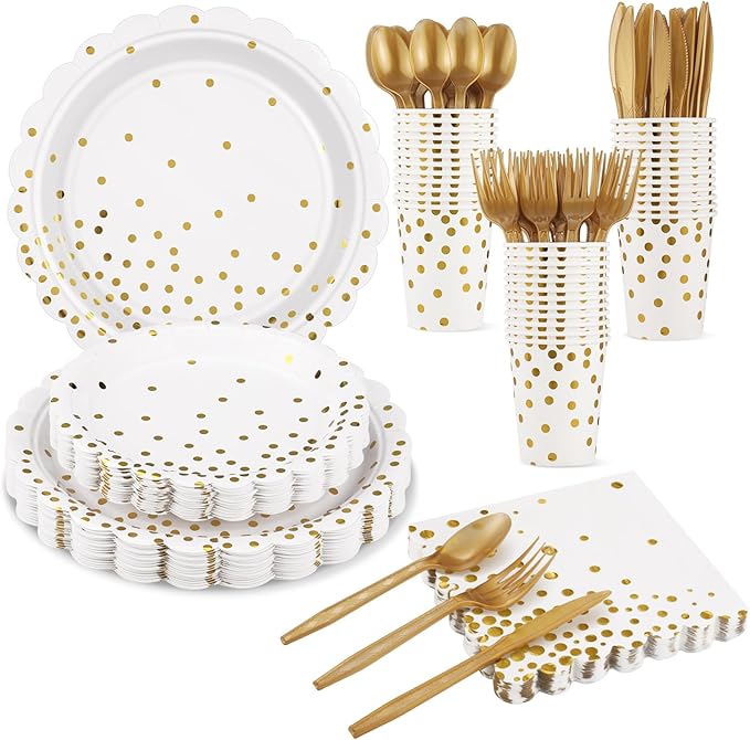 175 Pcs White and Gold Paper Plates and Napkins, Disposable Gold Party Dinnerware Include Scalloped Party Plates Napkin Cups Plastic Cutlery for Birthday Wedding Graduation Congratulations