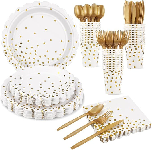 175 Pcs White and Gold Paper Plates and Napkins, Disposable Gold Party Dinnerware Include Scalloped Party Plates Napkin Cups Plastic Cutlery for Birthday Wedding Graduation Congratulations