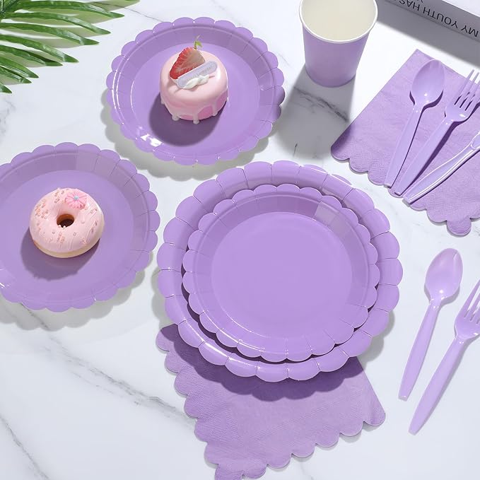 175 Pcs Lavender Paper Plates and Napkins, Light Purple Party Supplies Include Scalloped Party Plates Napkin Cup Plastic Cutlery for Girls Birthday, Bridal Baby Shower, Wedding