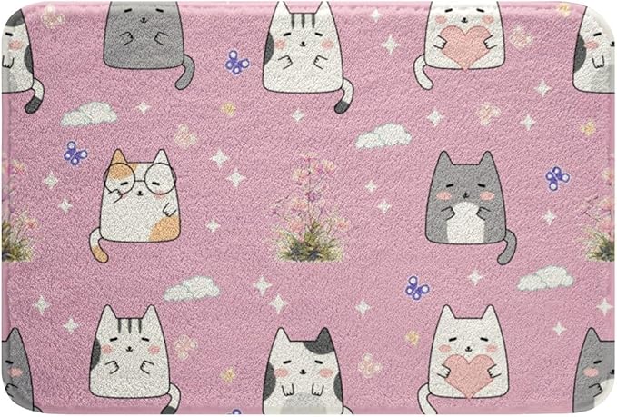 Erosebridal Kawaii Cat 20"X32" Door Mat for Girls Pink Cute Kids Bath Mat Cartoon Kitten Animal Bathroom Rug Flower Butterfly Cloud Stars Entrance Rug
