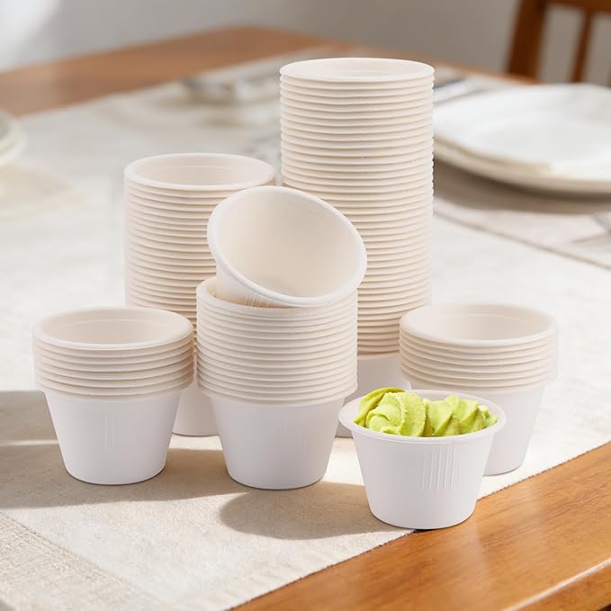 LeonBach 150 Pack 4oz Natural Bagasse Fiber Sauce Cups, Compostable Small Disposable Paper Dipping Bowls Biodegradable Condiment Portion Sample Snack Charcuterie Serving Tasting Cups, White
