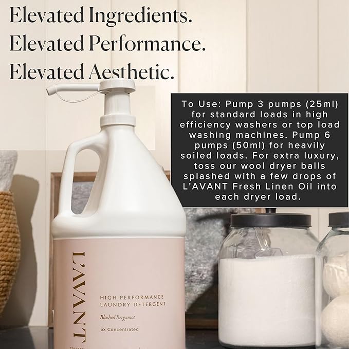 L'AVANT Collective Luxury Laundry Detergent | Blushed Bergamot | Natural Non-Toxic Liquid Laundry Soap with Enzymes | Bulk 1 Gallon, 5x Concentrated, Plant-Based, HE Compatible | 128 oz