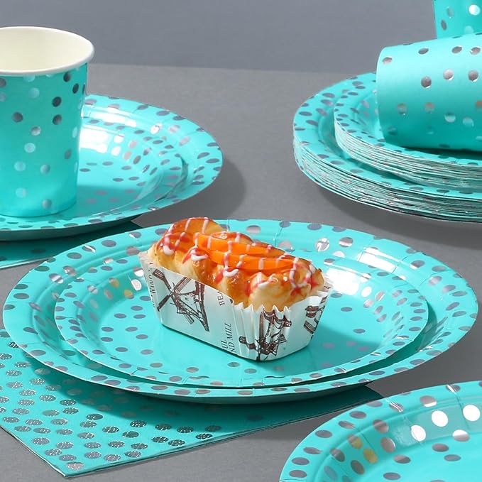 350PCS Teal Birthday Decorations and Silver Party Decorations for Wedding Princess,Teal Plates with Silverr Dot and Silverr Plastic Cutlery Serve 50 Guests