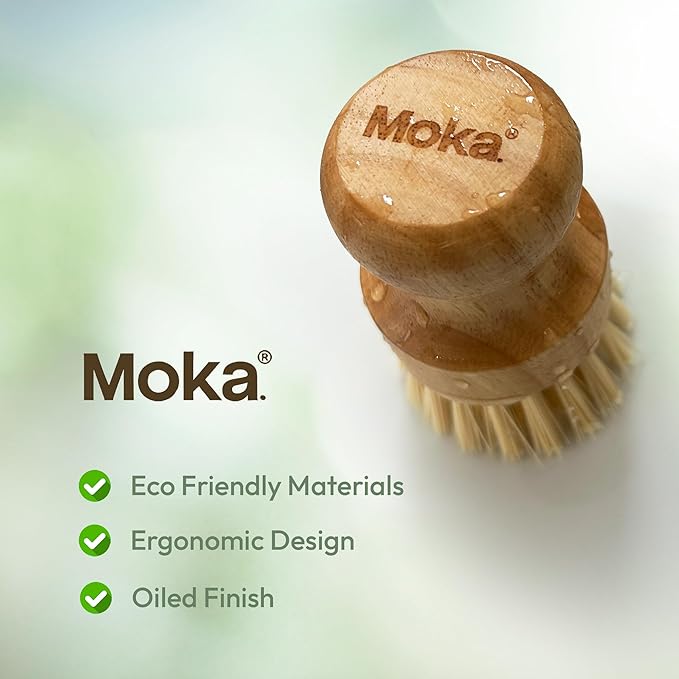 Moka Bamboo Dish Brush - Eco Friendly Scrub Brush with Natural Bristle - Premium Bamboo Dish Scrubber for Kitchen Cleaning, Dishes, Pots, and Pans - Sustainable and Durable