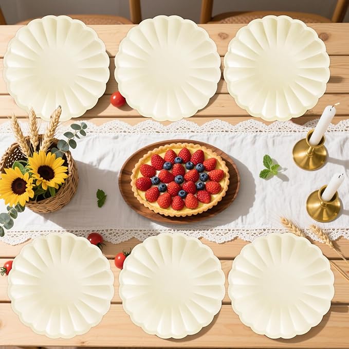 50Pcs Large Scalloped Cream Paper Plates 9Inch Shell Edge Dinner Plates for Cake Salad Fruit Disposable Dinner Serving Plates for Birthday Wedding Baby Shower Party Decorations