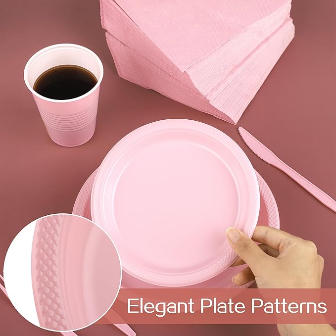 Aodaer 200 Pieces Pink Party Supplies Disposable Dinnerware Set Include Plastic Plates Cups Knives Forks Spoons Paper Napkins for Birthday Wedding Graduation Parties, Serve 25 Guests