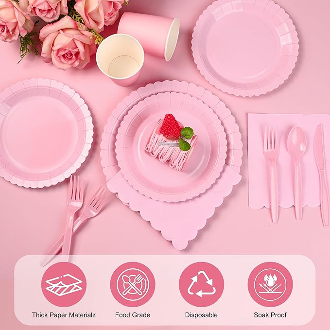 175 PCS Pink Paper Plates and Napkins Set, Pink Party Supplies for 25 Guests Include Scalloped Plate Paper Napkins Cups Knife Fork Spoon for Baby Shower, Birthday, Wedding, Easter Party, Mother's Day