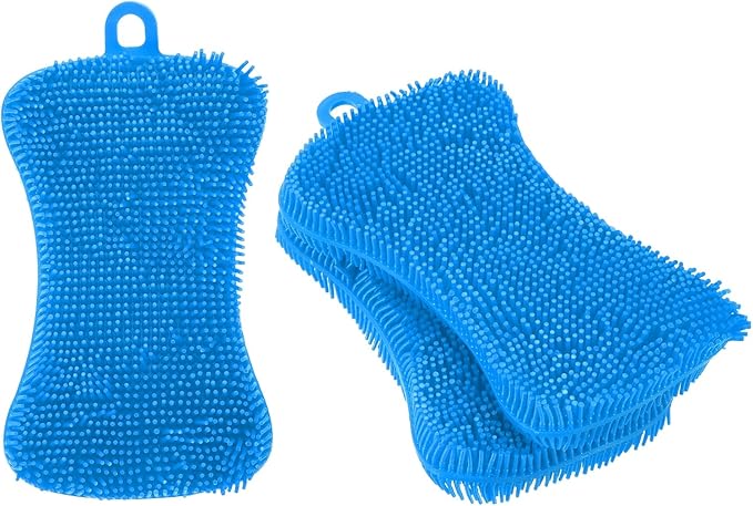 uxcell Silicone Dish Scrubber, 3 Pack Reusable Dishes Sponges Silicone Sponges Double Design for Kitchen Bathroom Cleaning Gadgets Accessories Countertop Cookware Pots Pans, Blue