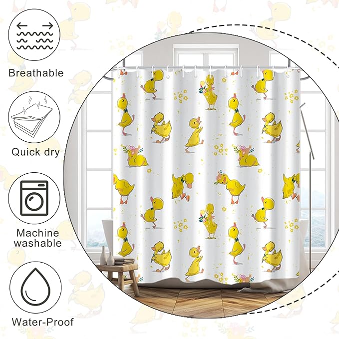 Baocicoo Cute Cartoon Baby Duck Shower Curtain Lovely Yellow Baby Duck Pattern Shower Curtain for Bathroom Bathtub Living Room Decor Fabric Waterproof Curtains for Bathroom with Hooks 72x78 Inches
