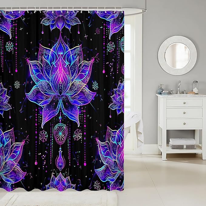 Erosebridal Lotus Shower Curtain Dreamy Mandala Bath Curtain,Boho Floral Shower Curtain Set Exotic Tribal Damask Flowers Artsy Nordic Psychedelic Bohemian Decor,Teal Purple 72" Wx84 L