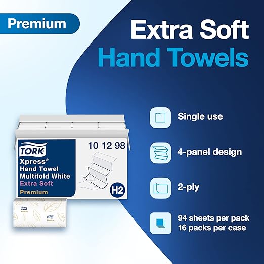 Tork Extra Soft Multifold Hand Towels White with Blue Leaf Print, H2 Dispenser Compatible 16 Packs x 94 Towels (101298)