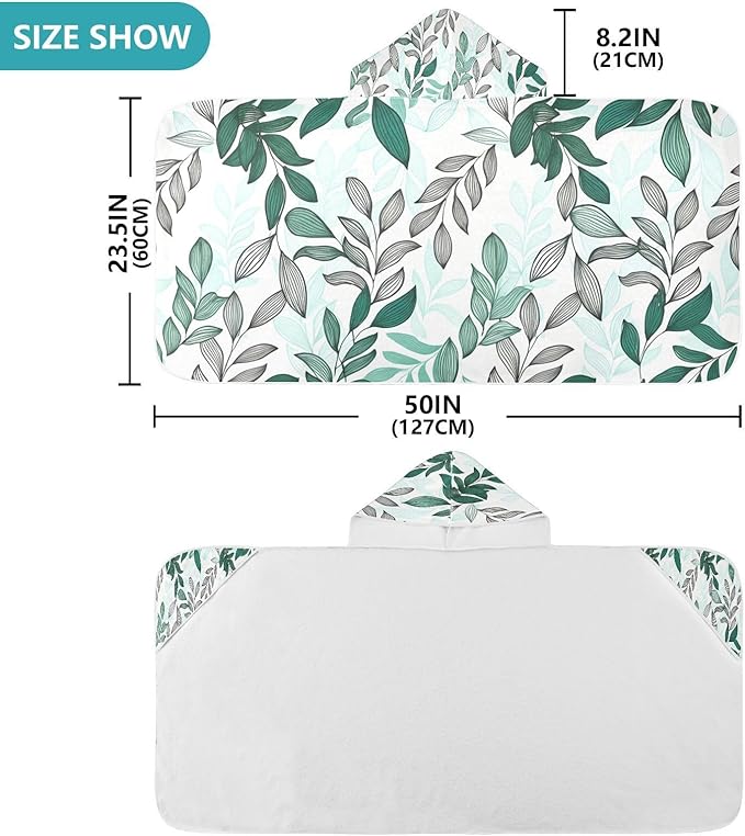 CEBUGI Dark Green Leaves Hooded Bath Towel for Kids Absorbent Soft Bath Towel Wrap with Hood 50x23.5in Pool Beach Shower Towel for Boys Girls