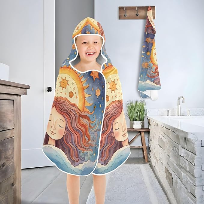 Hooded Towel for Kids Beautiful Girl Meditating Under The Sun Pattern Beach Wrap Bath Towels 50x23.5in