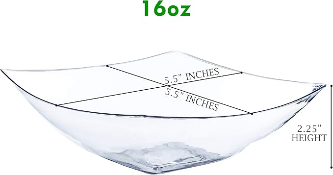PLASTICPRO Disposable Square Serving Bowls, Party Snack or Salad Bowl, Plastic Clear or White Pack of 4 (16 OUNCE, Clear)