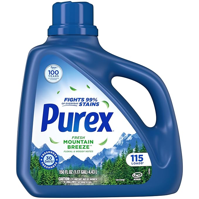 Purex Fresh Mountain Breeze Liquid Laundry Detergent, 150 fl oz, 115 loads.
