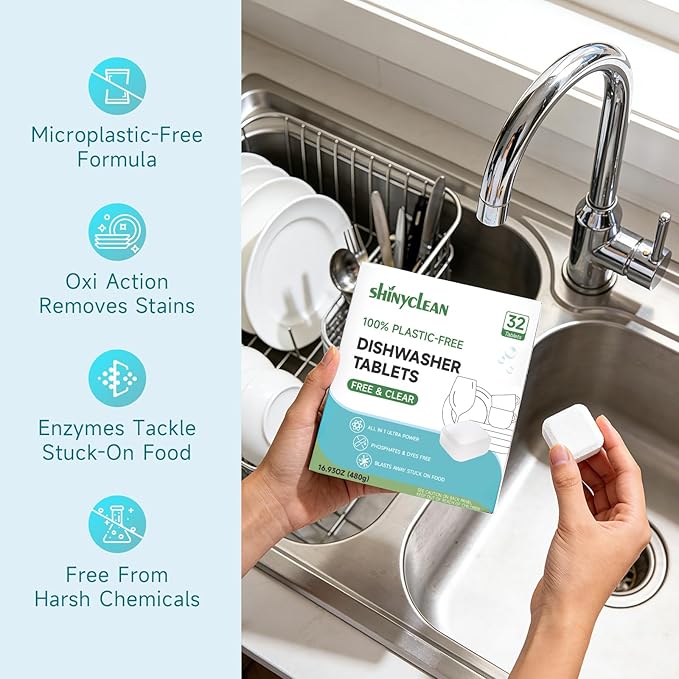 100% Plastic-Free Dishwasher Detergent Tablets, 32 Count, Free & Clear, All-in-One Dishwashing Pods, Enzyme-Powered for Stuck-On Food, Phosphate & Dye Free, Residue-Free Sparkling Shine