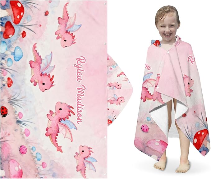 Pink Dragon Mushroom Personalized Hooded Towel Absorbent Wrap Soft Pool Beach Bath Towels Hood Poncho for 5-12 Years Kids Boys Girls