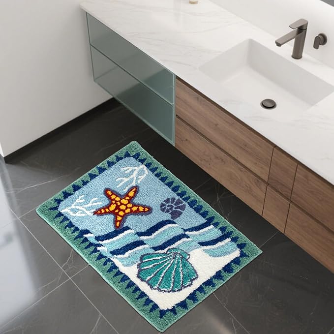 Coastal Beach Bathroom Rug Blue Shell Bath Mat Tufted Non Slip, Machine Washable Cute Kids Sea Bathtub mat Bathroom Bedroom Decoration 31.5x19.7 inches (Sea Star)