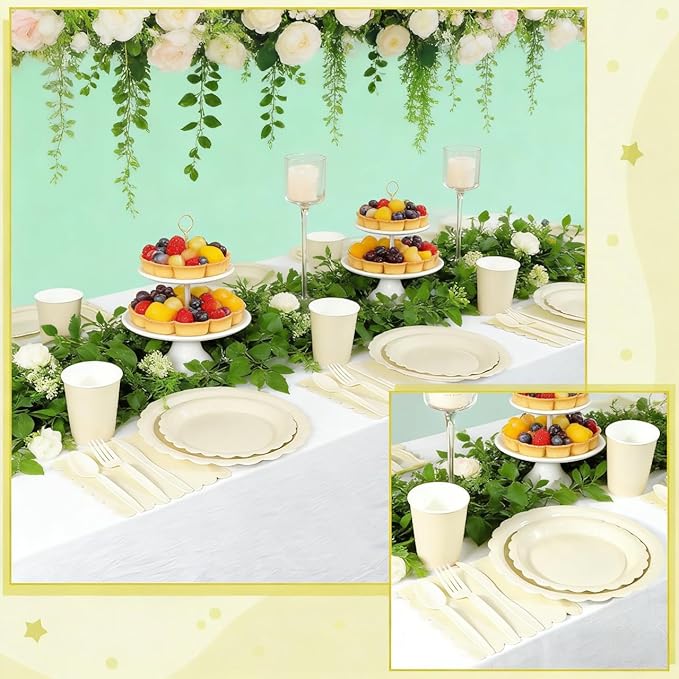 168 Pcs Ivory Paper Plates and Napkins Set, Tableware Set for 24 Guests Include Scalloped Cream Plates Napkins Cups Plastic Cutlery for Baby Shower, Wedding, Bridal Shower