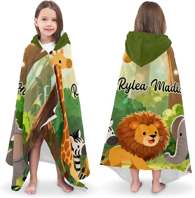 Jungle Giraffe Lion Zebra Personalized Hooded Towel Absorbent Wrap Soft Pool Beach Bath Towels Hood Poncho for 5-12 Years Kids Boys Girls