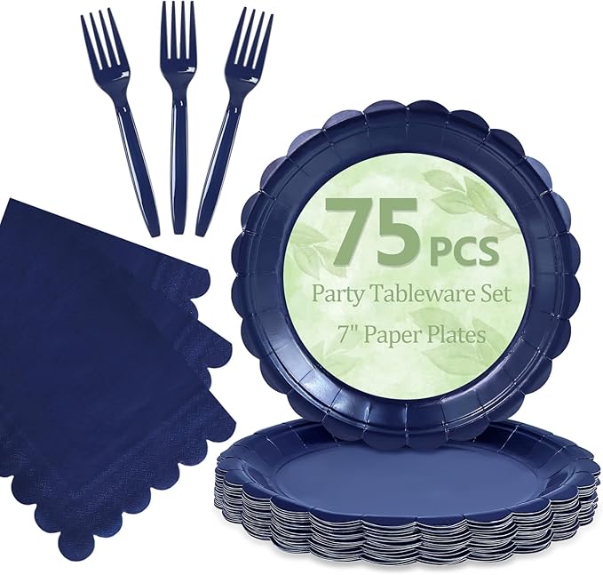 Mulbozy 75 Navy Blue Plates and Napkins Disposable Set Includes 25 Dessert Cake Scalloped Plates, Cocktail Napkins & Forks, for Fork 25 Guests Holiday Party Supplies.