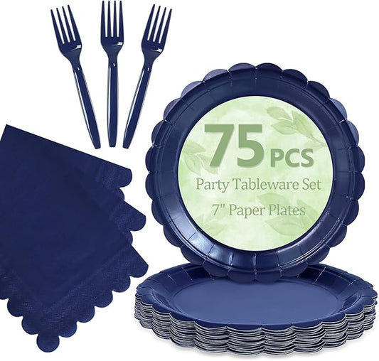 Mulbozy 75 Navy Blue Plates and Napkins Disposable Set Includes 25 Dessert Cake Scalloped Plates, Cocktail Napkins & Forks, for Fork 25 Guests Holiday Party Supplies.