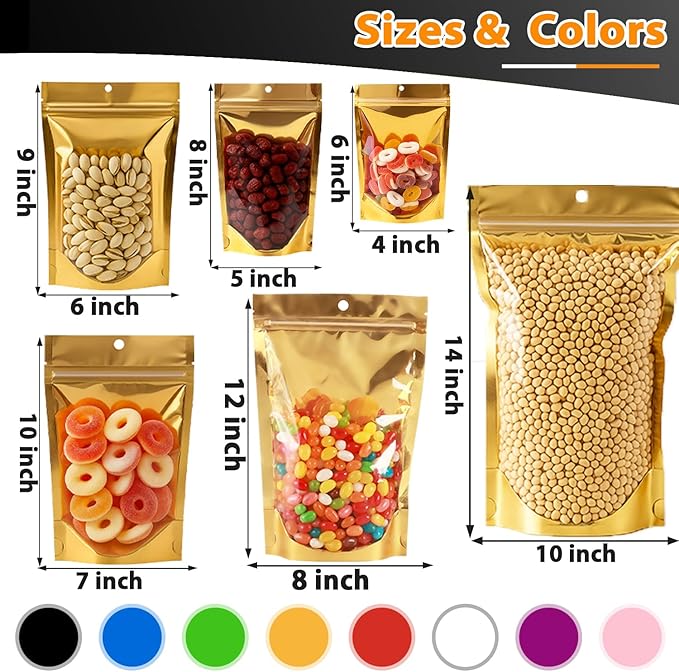 200 Pcs 1 Gallon Mylar Bags for Food Storage 10x14 Mylar Bag with Window Stand Up Resealable Bags Smell Proof Bag Food Packaging for Small Business Freeze Dried Candy Jewelry Foil Packaging