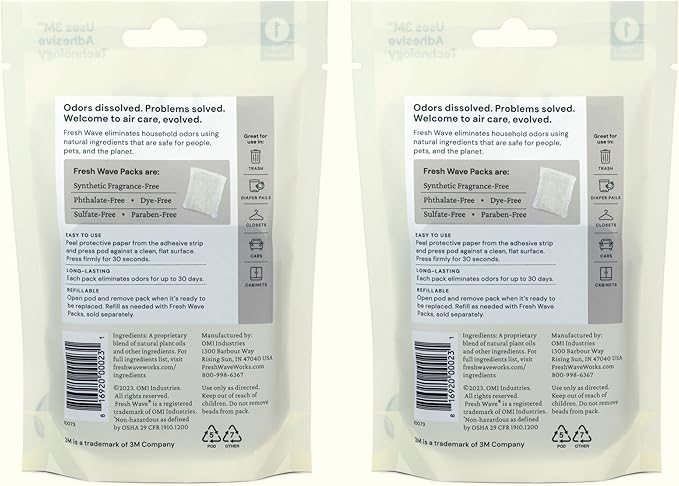 Fresh Wave Odor Removing Fresh Pod | 2 Refillable Fresh Pods & 2 Fresh Wave Packs | Safer Odor Relief | Natural Plant-Based Odor Eliminator for Small Spaces | Garbage Cans, Closets & Lockers