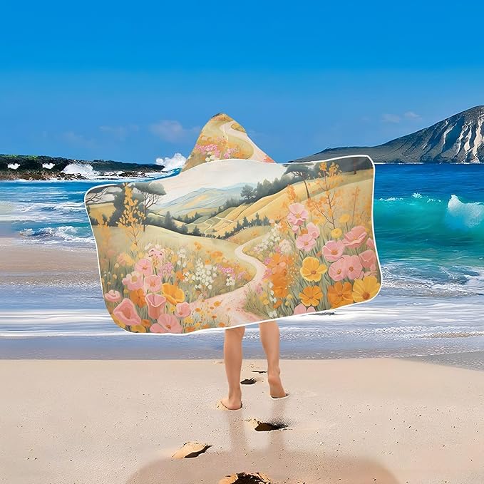 Hooded Towel for Kids Floral Path Painting Beach Wrap Bath Towels 50x23.5in