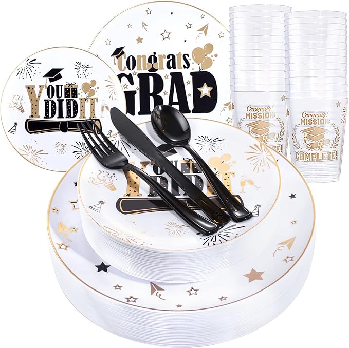 Liacere 150PCS Graduation Plastic Plates - Disposable Black and Gold, Graduation Party include 50Plates 25Knives 25Forks 25Spoons 25Cups