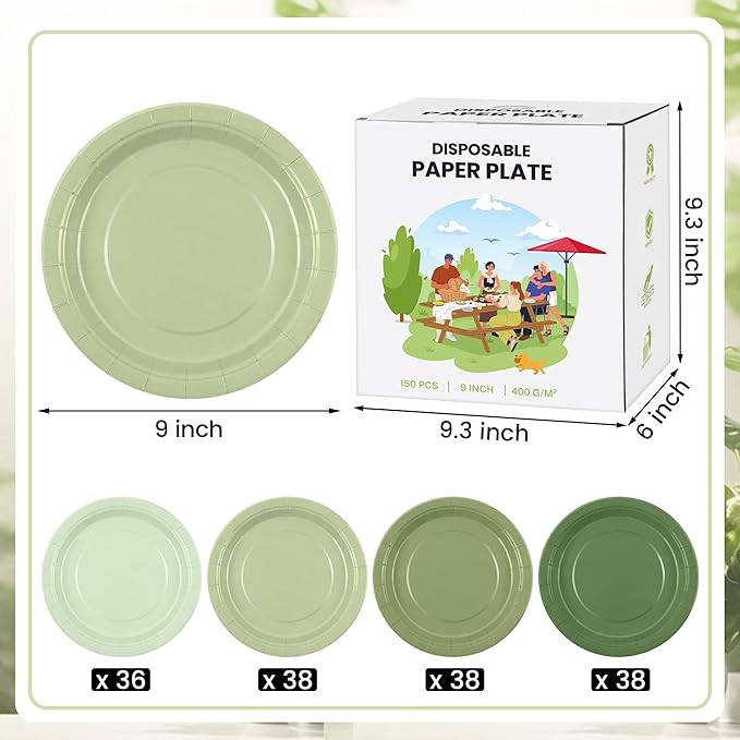 Kochorie 150 Pieces Sage Green Disposable Paper Plates 9 Inch Heavy Duty Dinner Plates, Solid Color, Table Decorations Party Supplies for Birthdays, Weddings, Daily Use