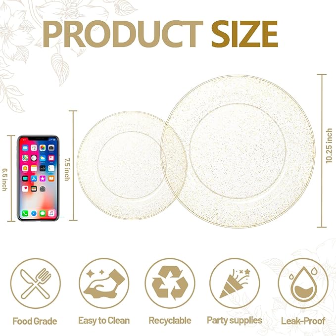 WDF 120PCS Gold Plastic Plates- Disposable Gold Glitter Plates, Premium Heavy Duty 60-10.25" Dinner Plate and 60-7.5" Salad Plate for Wedding Baby Shower Spring Birthday