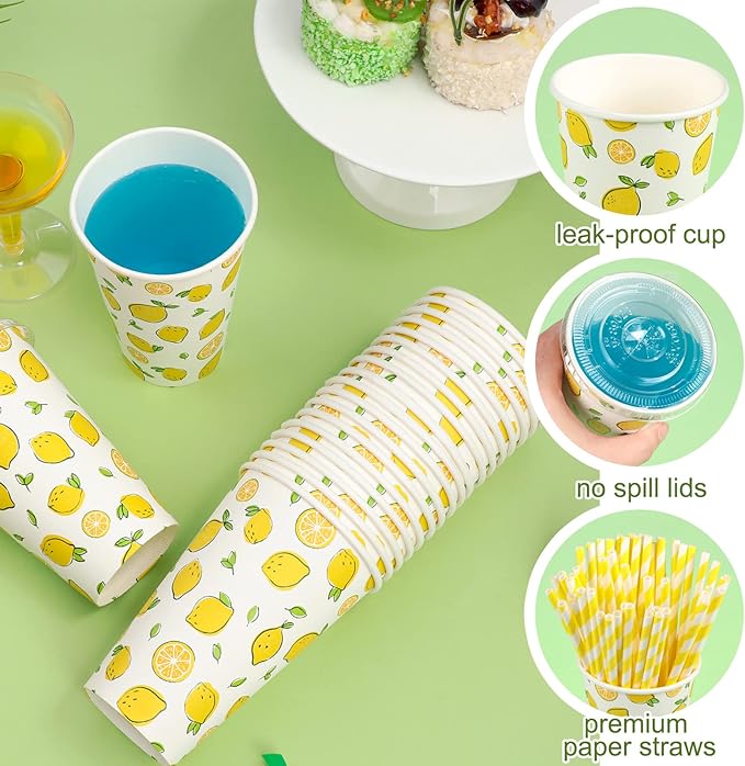 Tessco 150 Pieces/50 Sets Lemonade Cups with Lids and Paper Straws 16oz Disposable Iced Coffee Paper Cup Summer Citrus Cold Lemonade Stand Supplies for Fruit Party Beverages Drinks Juices