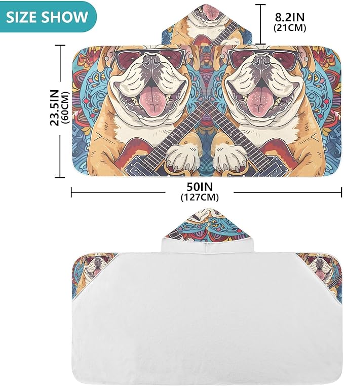 Hooded Towel for Kids Happy Bulldog Playing Guitar Beach Wrap Bath Towels 50x23.5in