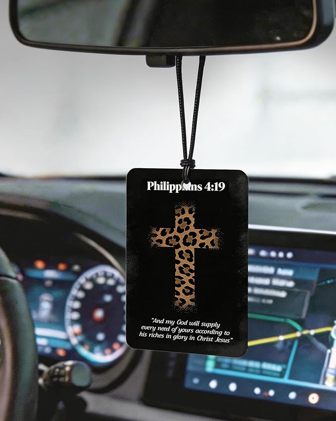 Christian Leopard Print Orange Citrus Car Air Freshener 4pcs, Trendy Cheetah Cross Lucky 8 Ball Ace Card Religious Hanging Scents Car Accessories Interior Mirror Decor for Women Girls