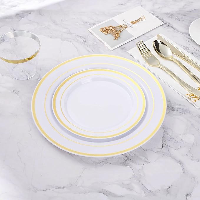 BESTVIP 50PCS 7 Inch Gold Plastic Plates, Small Disposable Dessert Plate with Gold Rim, Small Heavy Duty Disposable Plastic Plates for Party, Wedding and Birthday