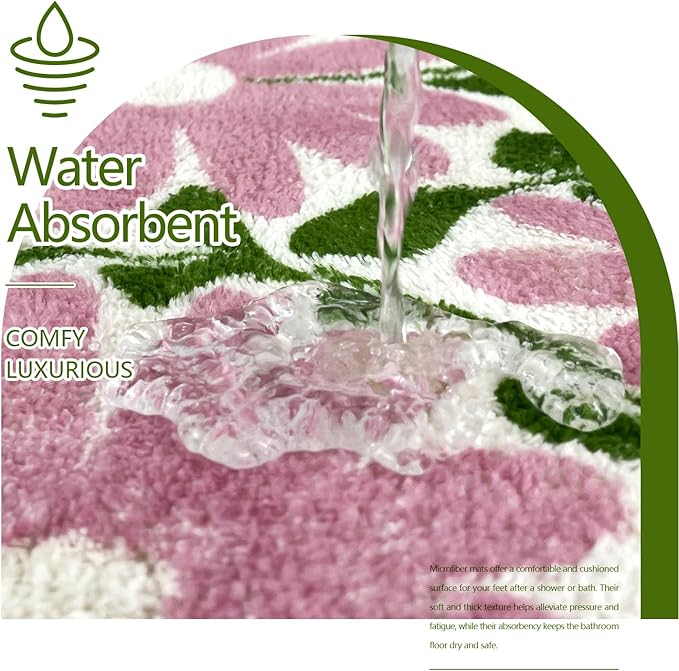 SHIYUE Cute Flower Bath Mat for Bathroom Rugs, Ultra Soft and Fluffy Microfiber Water Absorption Non Slip Mat for Bedroom Kitchen Bathroom Toilet Floors(18"×26" Green Pink)