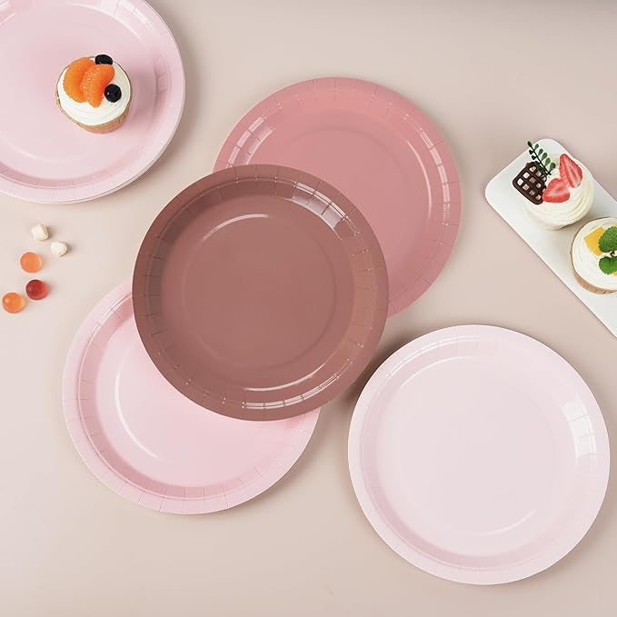 AimFun 48 Pcs Dusty Pink Paper Plates Gradient Pink Party Plates 9 Inch Disposable Birthday Plates Round Dinner Plates for Wedding Baby Bridal Shower Party Supplies Tableware Decor
